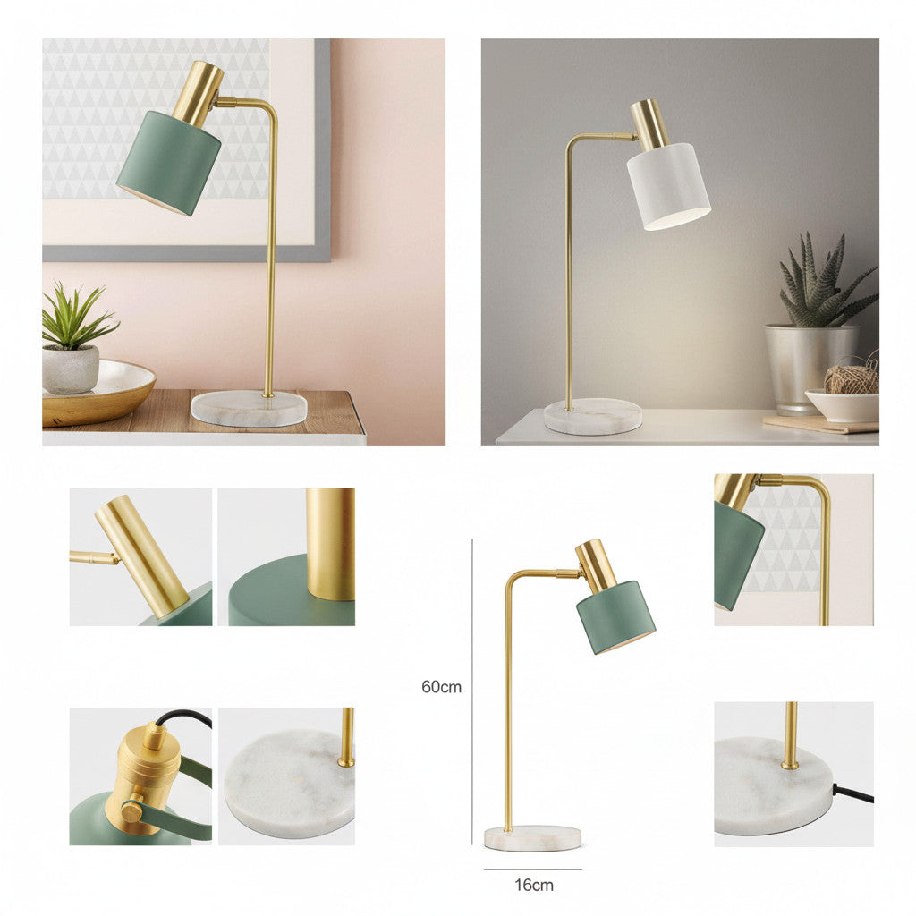 Lysverden Nordic desk lamp with green metal cylinder, brass neck, and marble base. Adjustable shade, E27 socket.