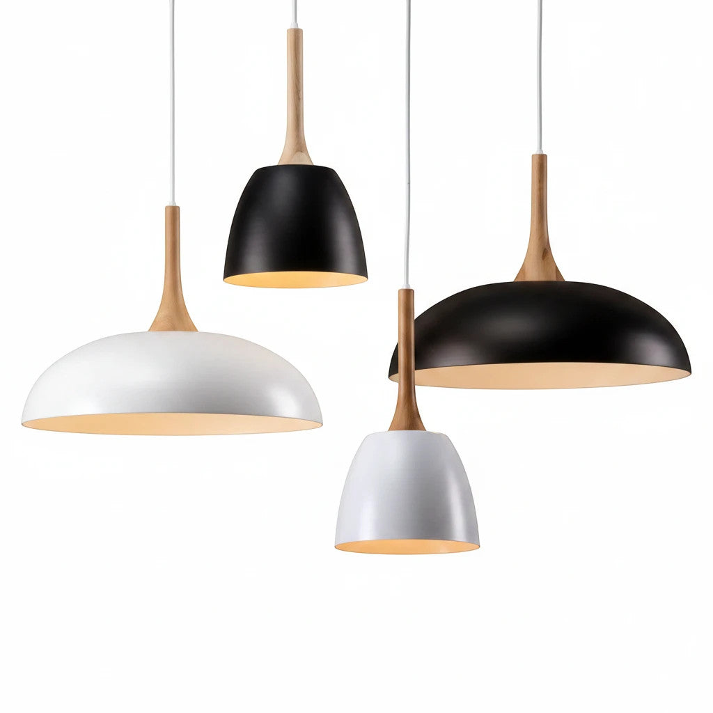 Lysverden Nordic dome pendant lights in black and white metal with natural wood accents hanging in a cluster.