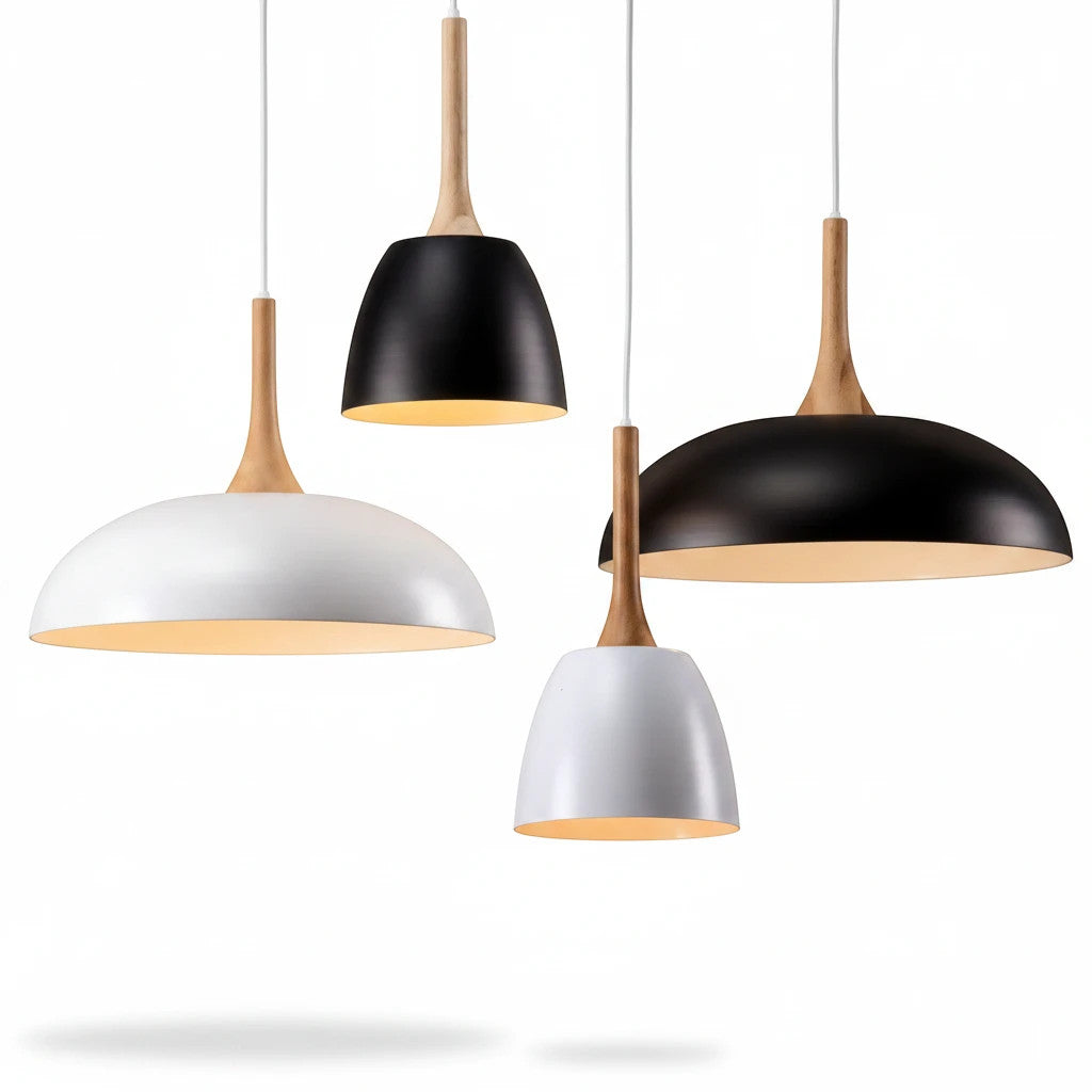 Lysverden Nordic dome pendant lights in black and white metal with natural wood accents, hanging in a group.