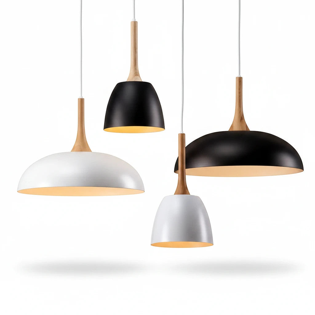 Lysverden Nordic dome pendant lights in black and white metal with natural wood accents, hanging in a cluster.