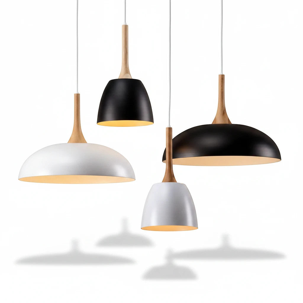 Lysverden Nordic dome pendant lights in black and white metal with natural wood accents hanging in a cluster
