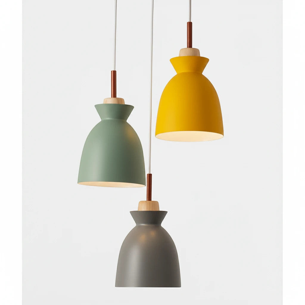 Lysverden Nordic pendant lights in yellow, green, and grey metal with natural wood accents in a cluster arrangement.