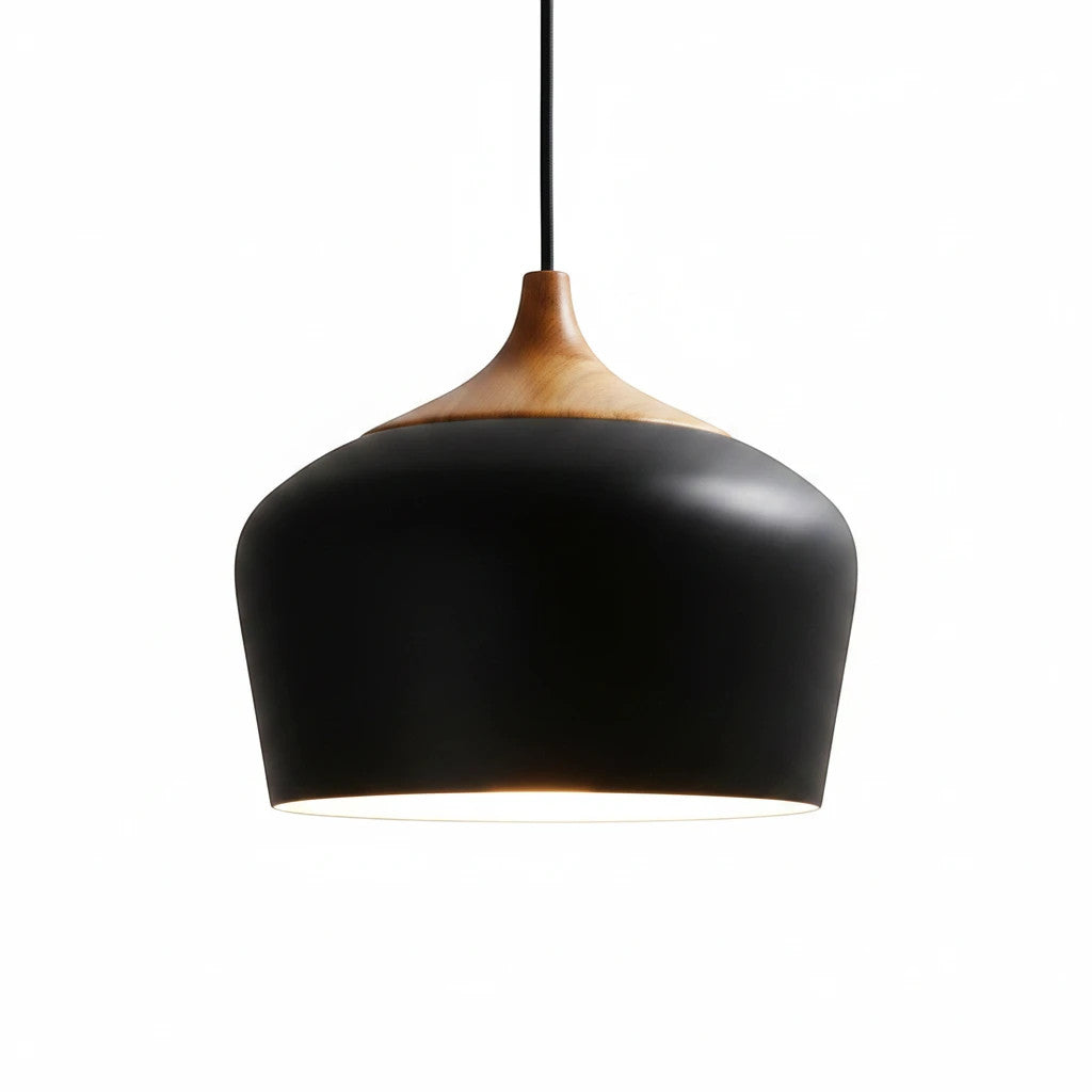 Lysverden Nordisk pendant lamp featuring a matte black metal dome with a natural wood top detail in a minimalist style.