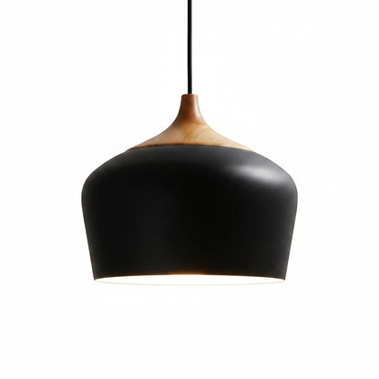 Lysverden Nordisk pendant lamp featuring a matte black metal dome with a natural wood top detail in a minimalist style.