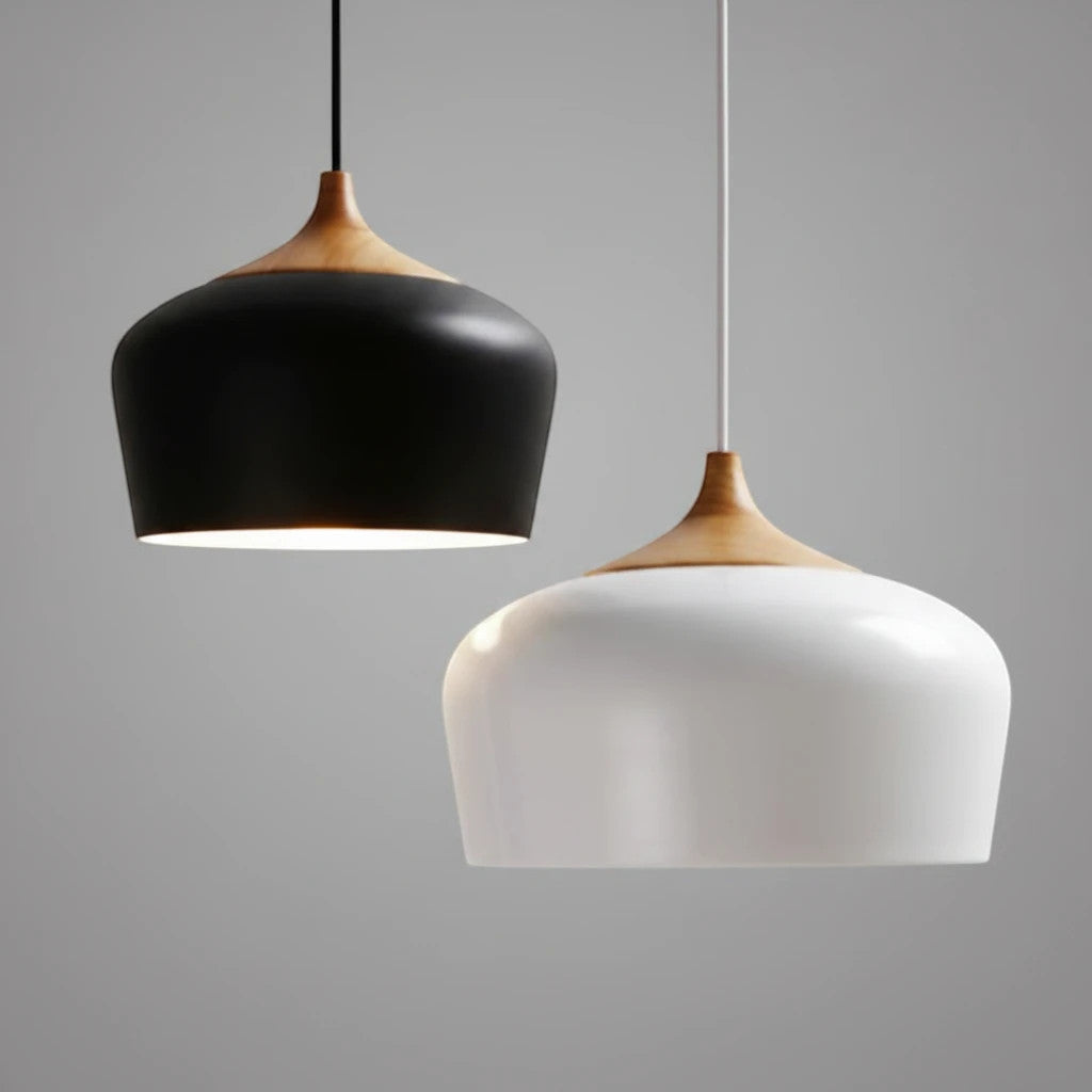Lysverden Nordisk pendant lamps in black and white metal with natural wood top details for Scandinavian interiors