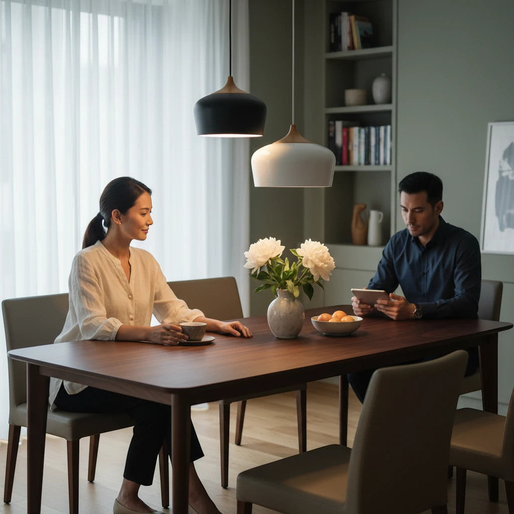 Lysverden Nordisk pendant lamps with black and white metal domes and wood accents hanging over a dining table.