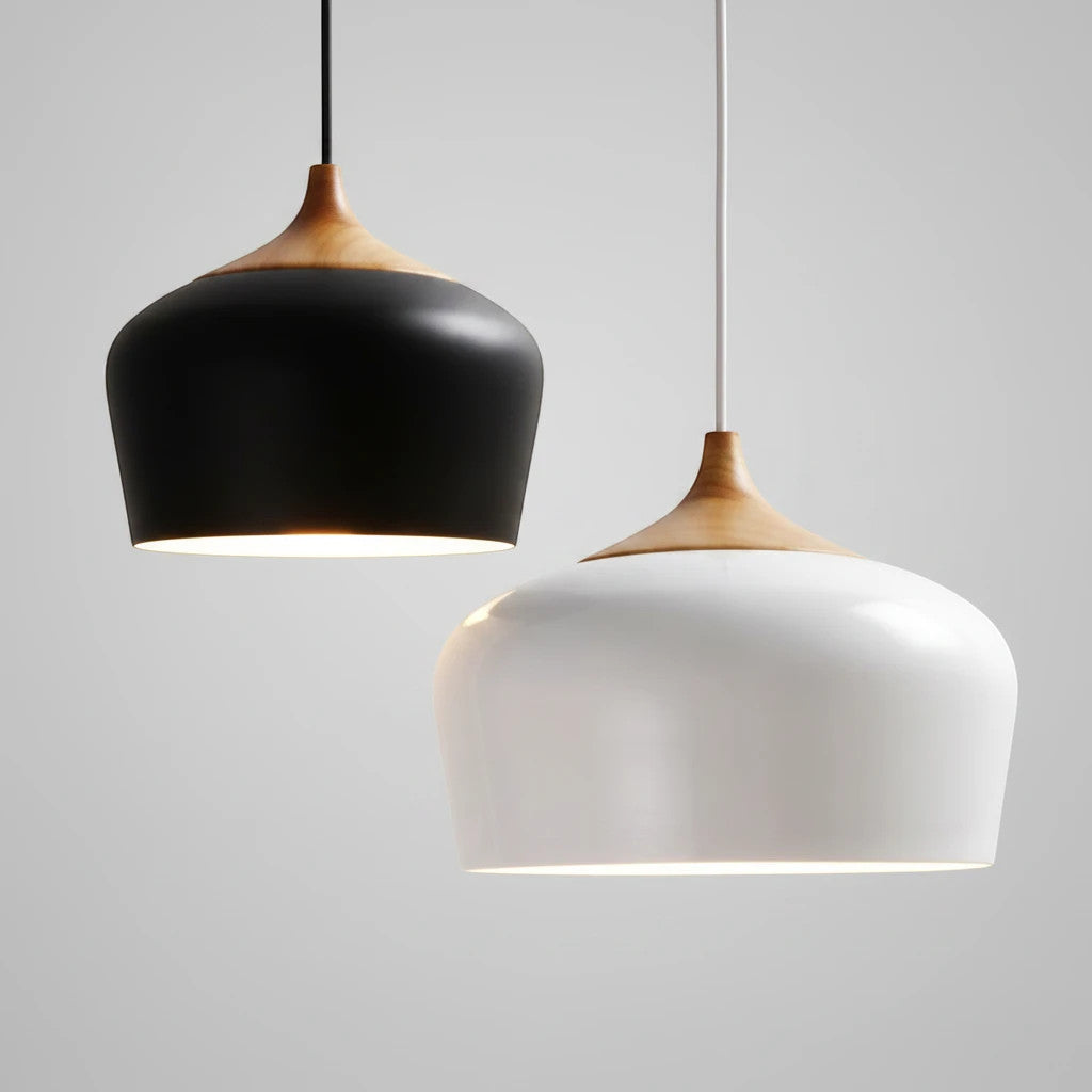 Lysverden Nordisk pendant lamps in black and white metal with natural wood top details for Scandinavian interiors