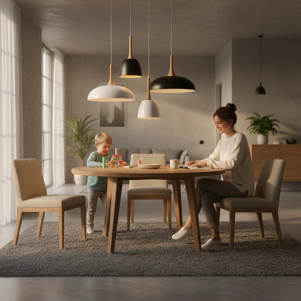 Lysverden Nordisk pendant lights with metal domes and wood accents hanging over a dining table in a modern home.