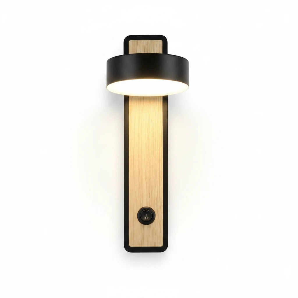Lysverden Nordic wall lamp in black metal and wood with an adjustable head and integrated switch for reading.
