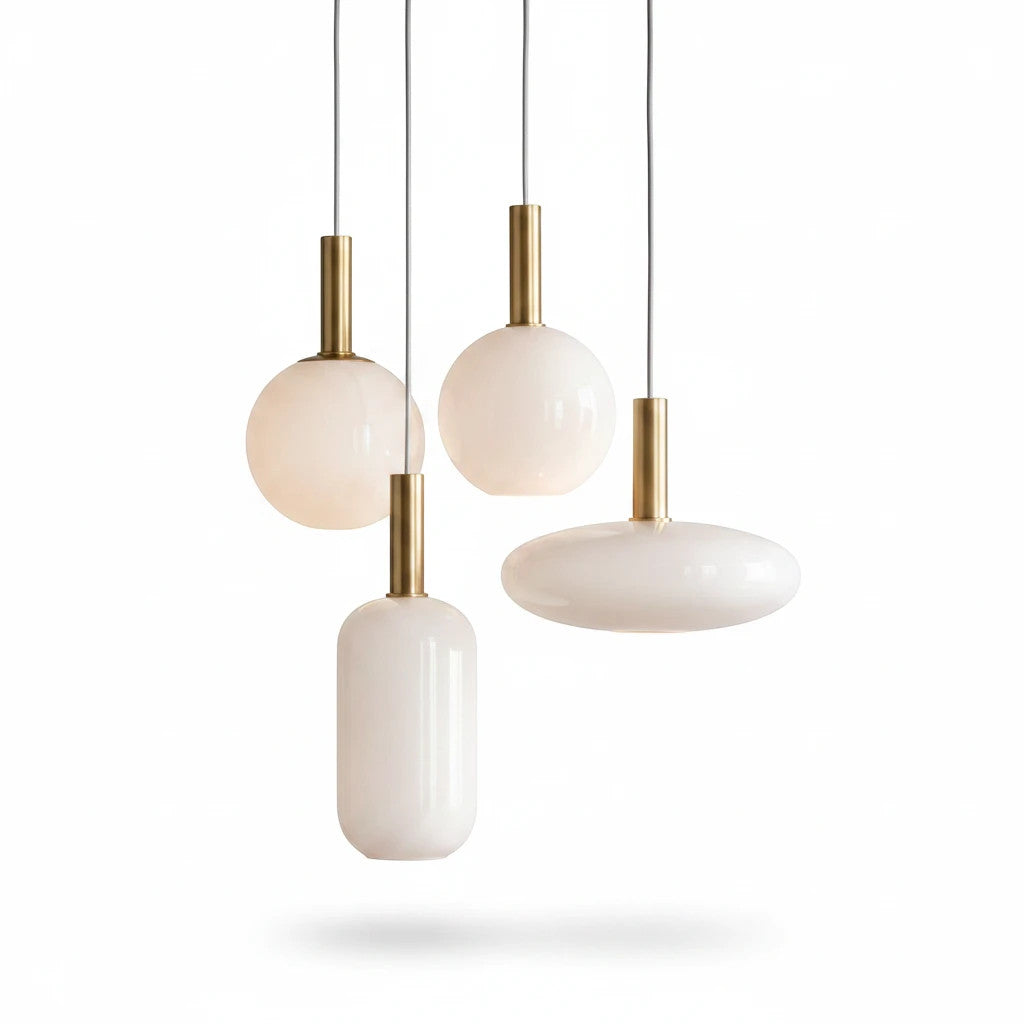 Lysverden opalglass pendant lamps with gold stems in various shapes hanging together for a soft Nordic aesthetic.