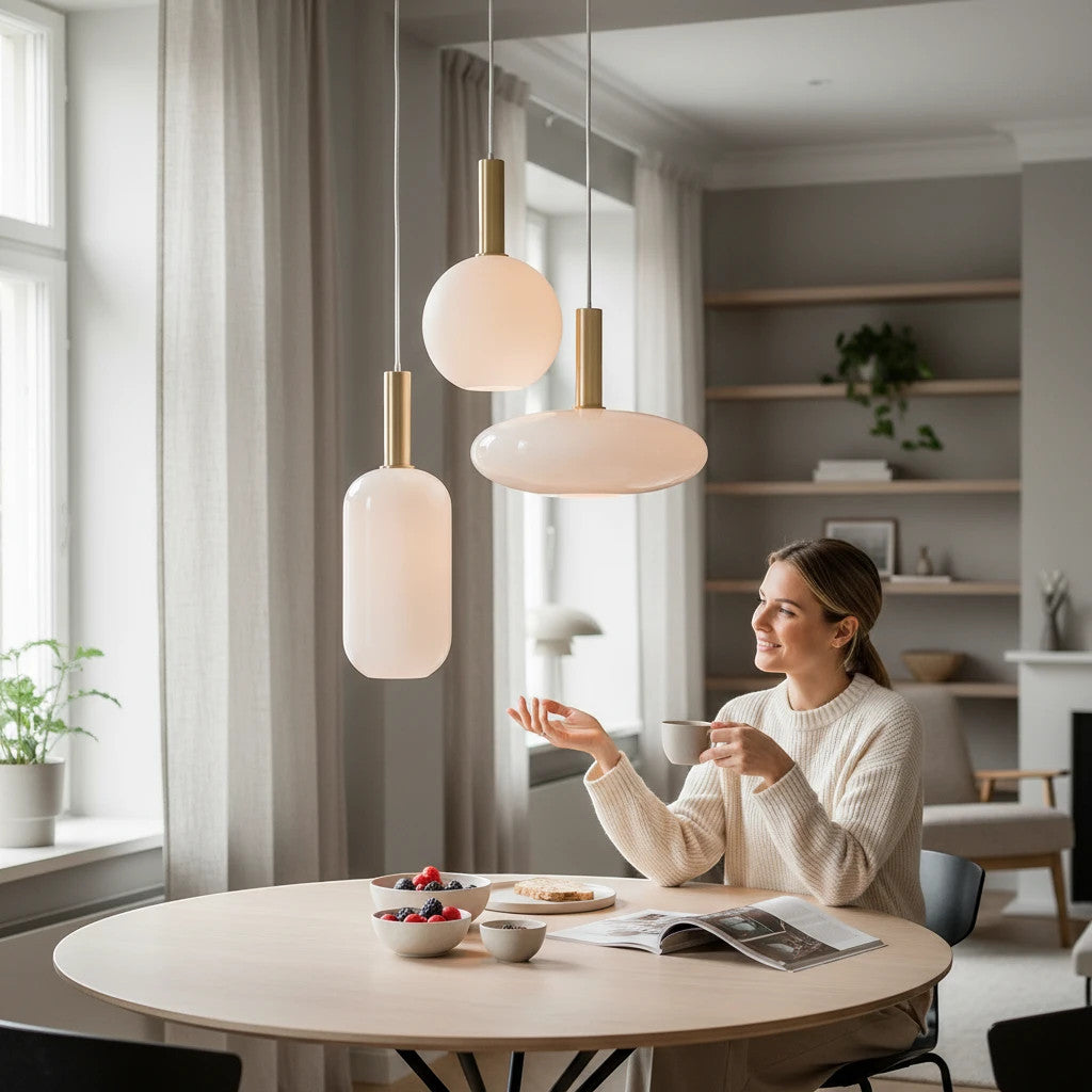Lysverden opalglass pendant lamps with gold stems hanging above a dining table in a cozy Scandinavian living room