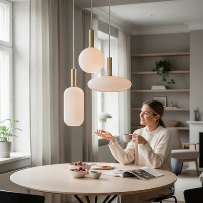 Lysverden opalglass pendant lamps with gold stems hanging above a dining table in a cozy Scandinavian living room