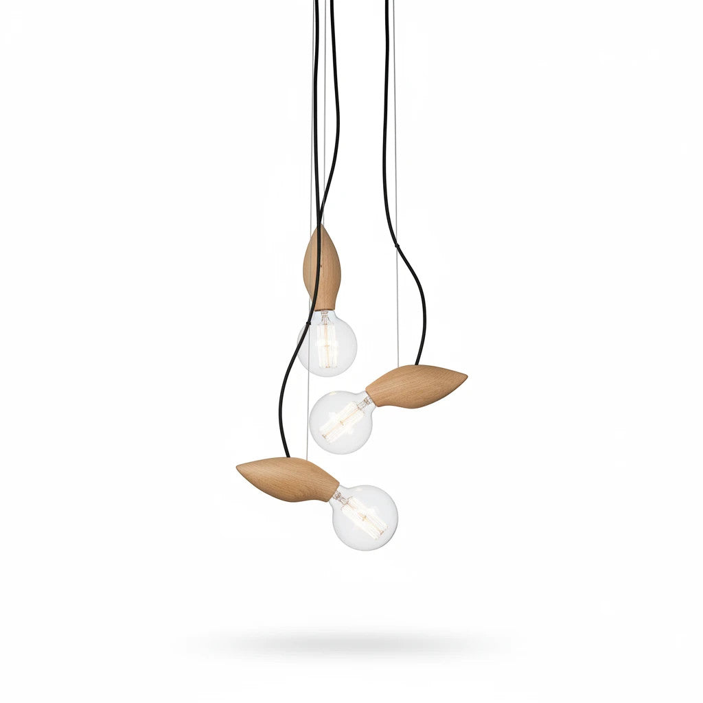 Lysverden organic solid wood pendant light cluster with three exposed Edison bulbs and black cords