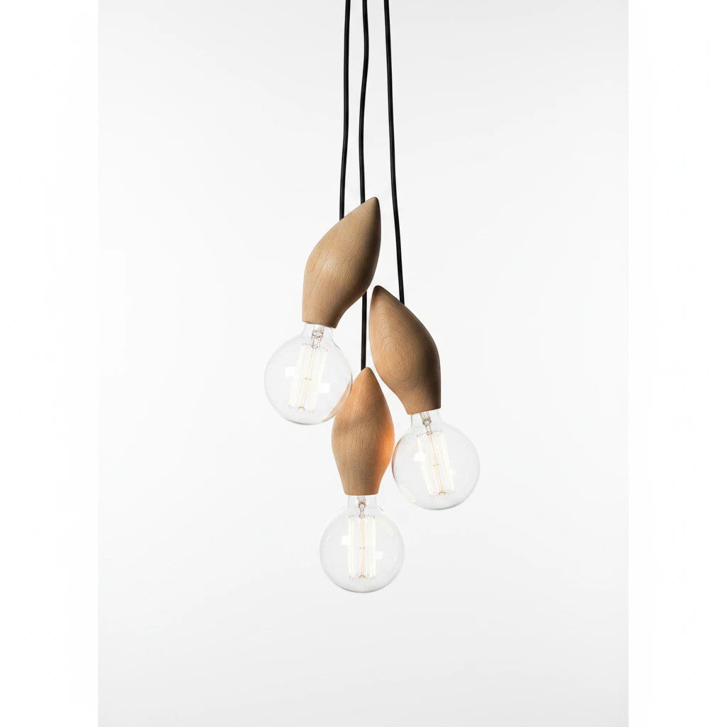 Lysverden organic wooden pendant light cluster with three sculptural solid wood fixtures and exposed Edison bulbs