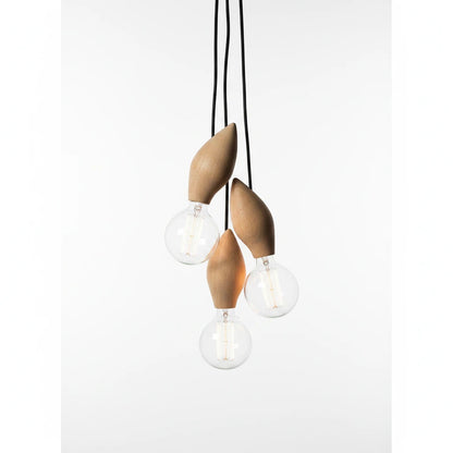 Lysverden organic wooden pendant light cluster with three sculptural solid wood fixtures and exposed Edison bulbs