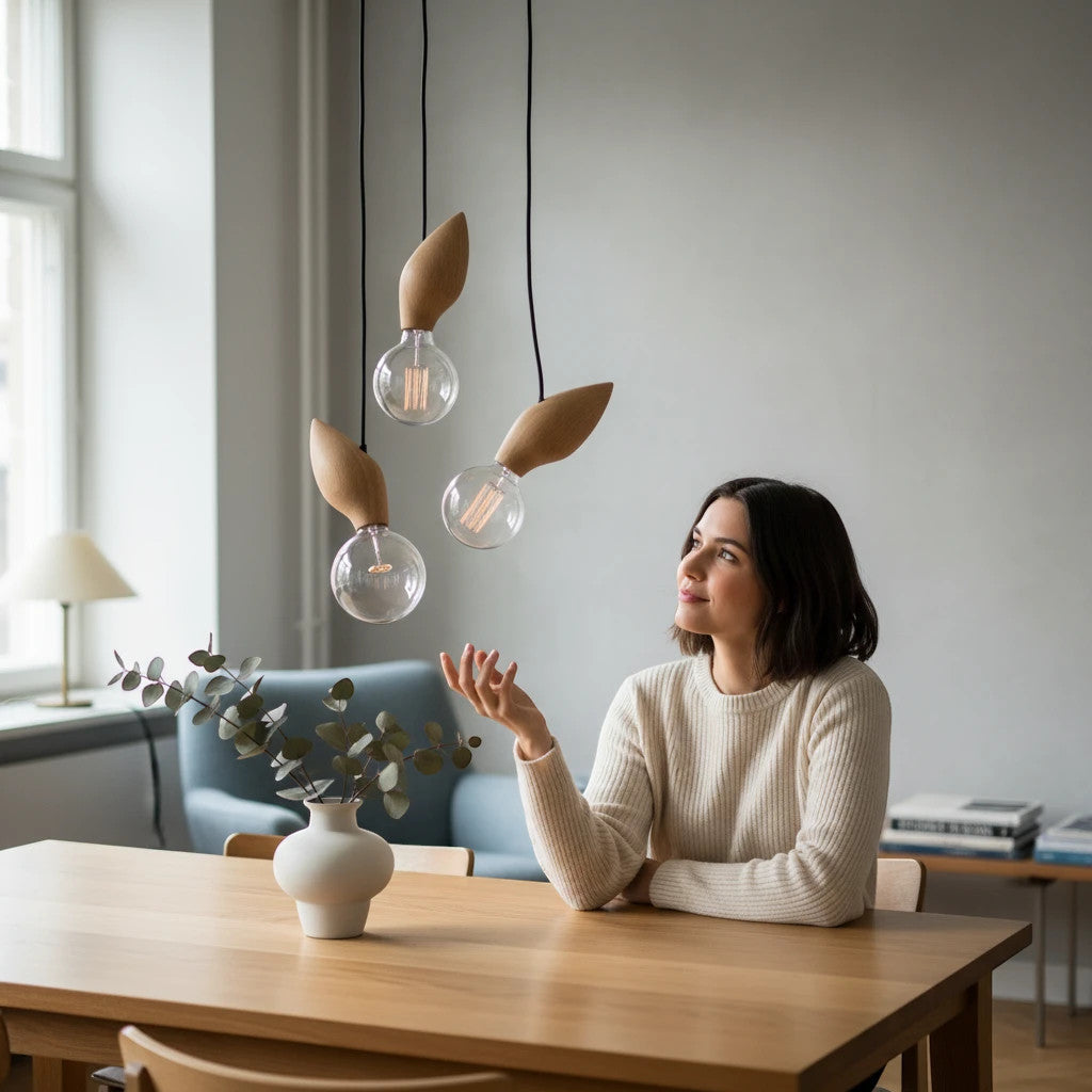 Lysverden organic wooden pendant lights with exposed bulbs hanging above a dining table with a woman sitting nearby.