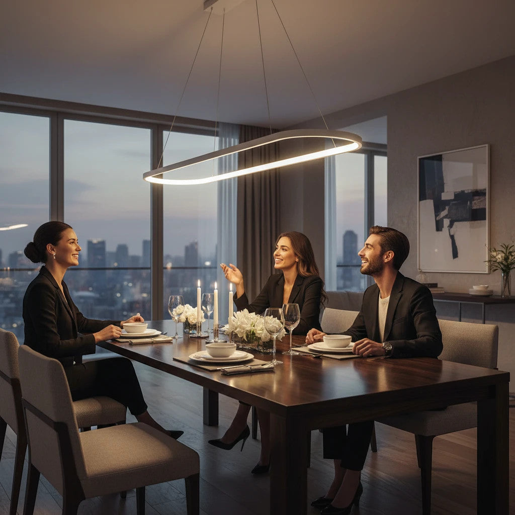 Lysverden oval LED pendant light hanging over a modern dining table with three people dining in a city apartment.