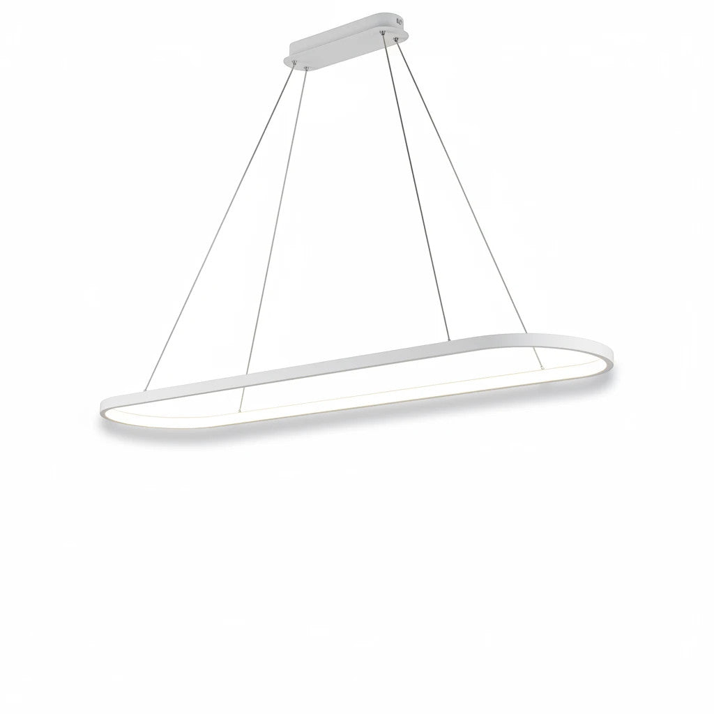 Lysverden oval white LED pendant light with a minimalist linear loop design for modern dining room lighting.