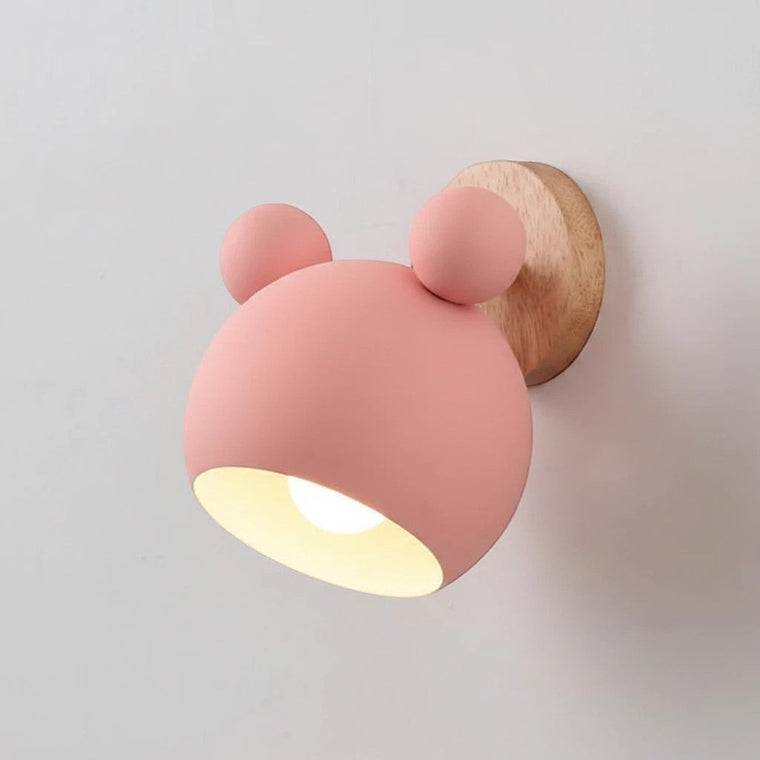 Lysverden rosa bjørneformet vegglampe til barn med fot i naturlig tre og varmt integrert LED-lys
