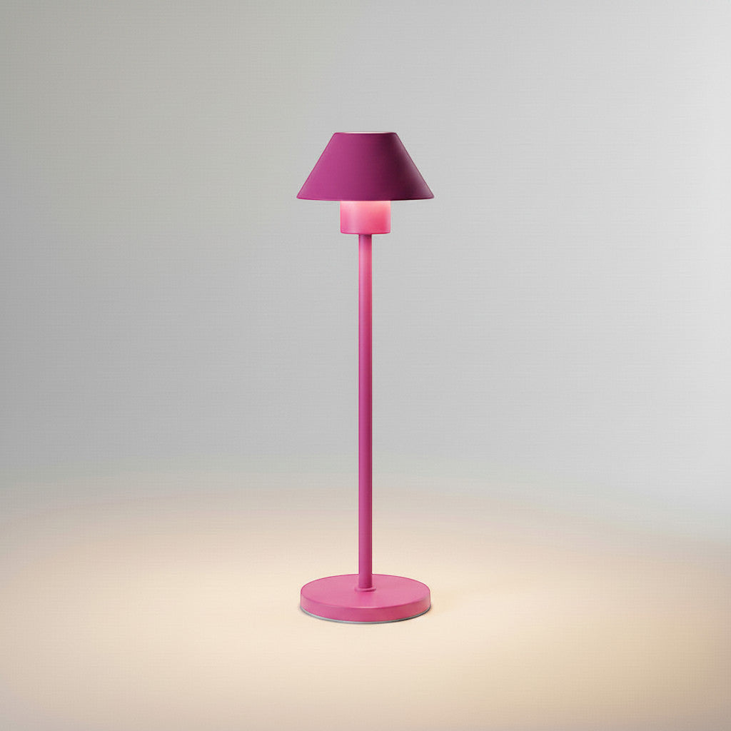 Lysverden cordless pink aluminum table lamp with bell-shaped shade, touch control, and dimming. 3000K warm light.