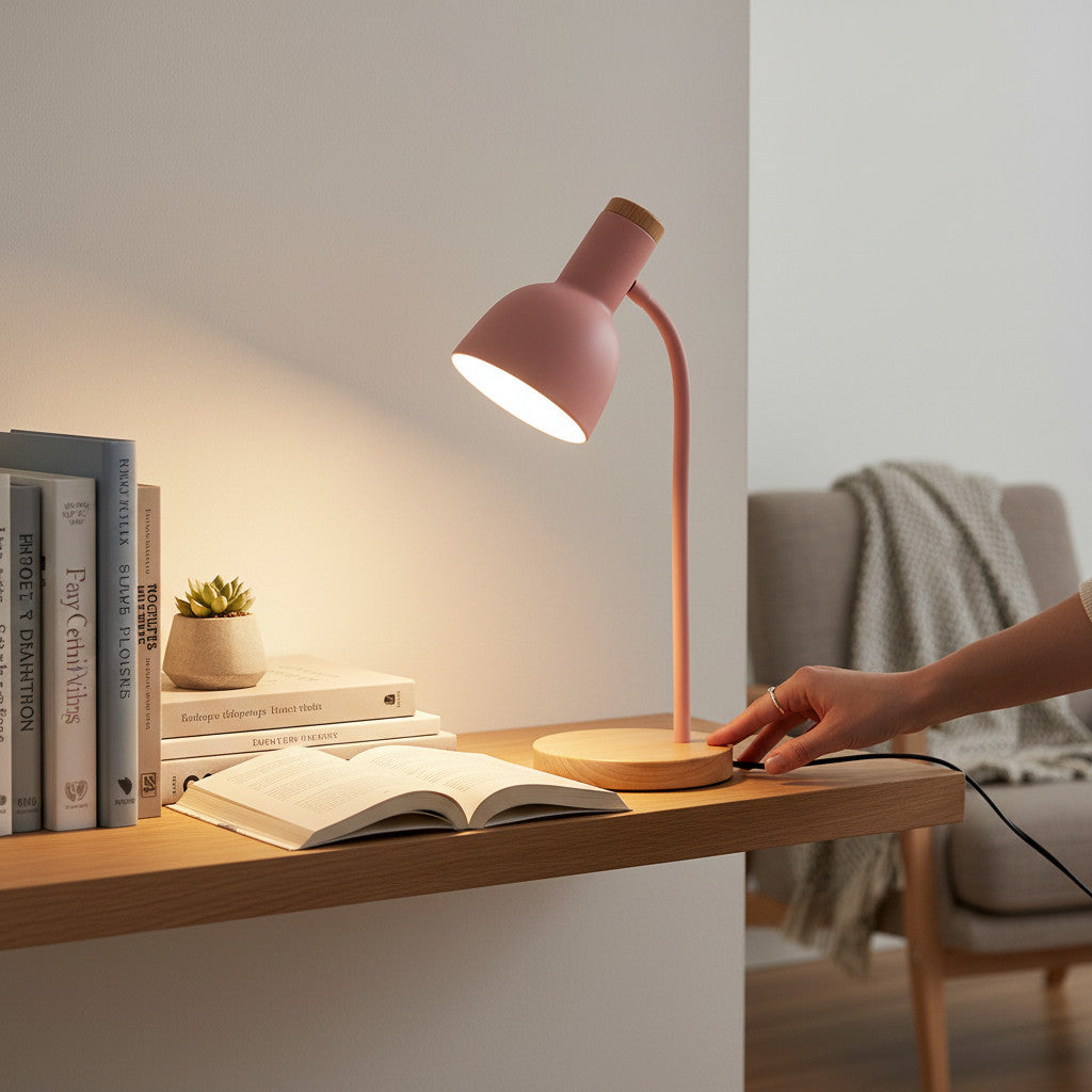 Lysverden pink metal desk lamp with flexible arm and wood base, E27 socket, adjustable shade