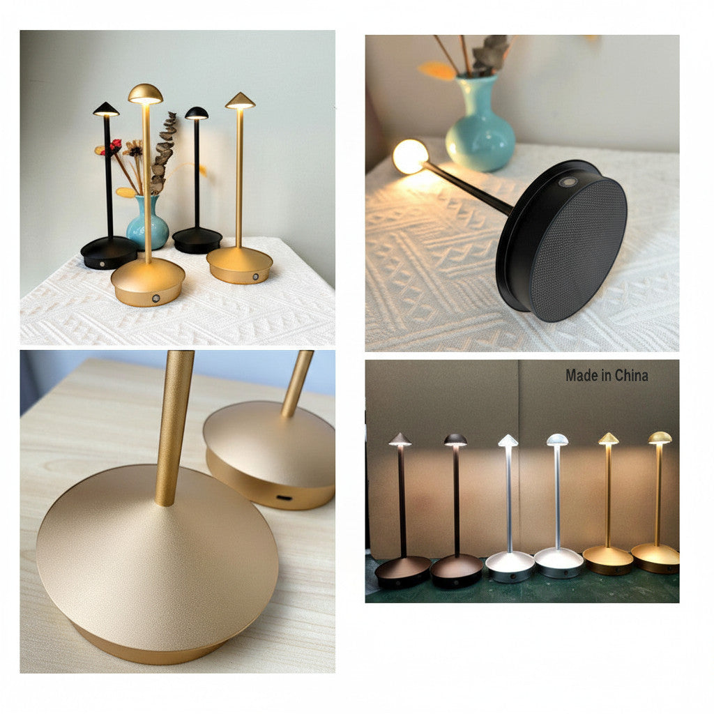 Lysverden Pinnacle desk lamp in anodized aluminum with touch control, 4 color temperatures, and Qi wireless charging. Available in gold.