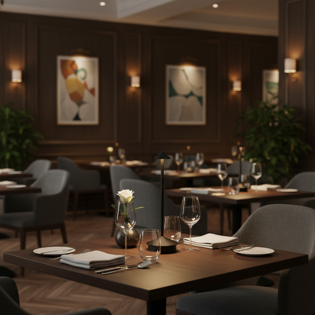 Lysverden Pinnacle slim aluminum table lamp with touch control on a restaurant dining table with soft ambient lighting