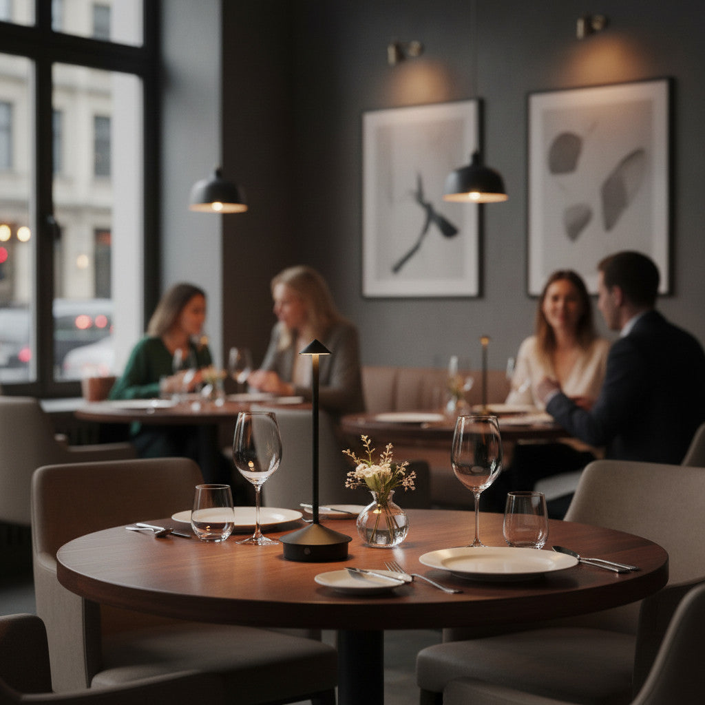 Lysverden Pinnacle slim black aluminum touch table lamp on a restaurant dining table with soft ambient lighting