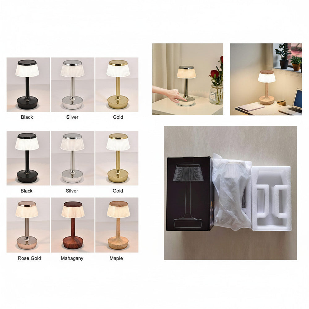 Lysverden classic table lamp with pleated shade and metal or wood base. Touch control, 3 color temperatures, dimmable, 2000 mAh battery.