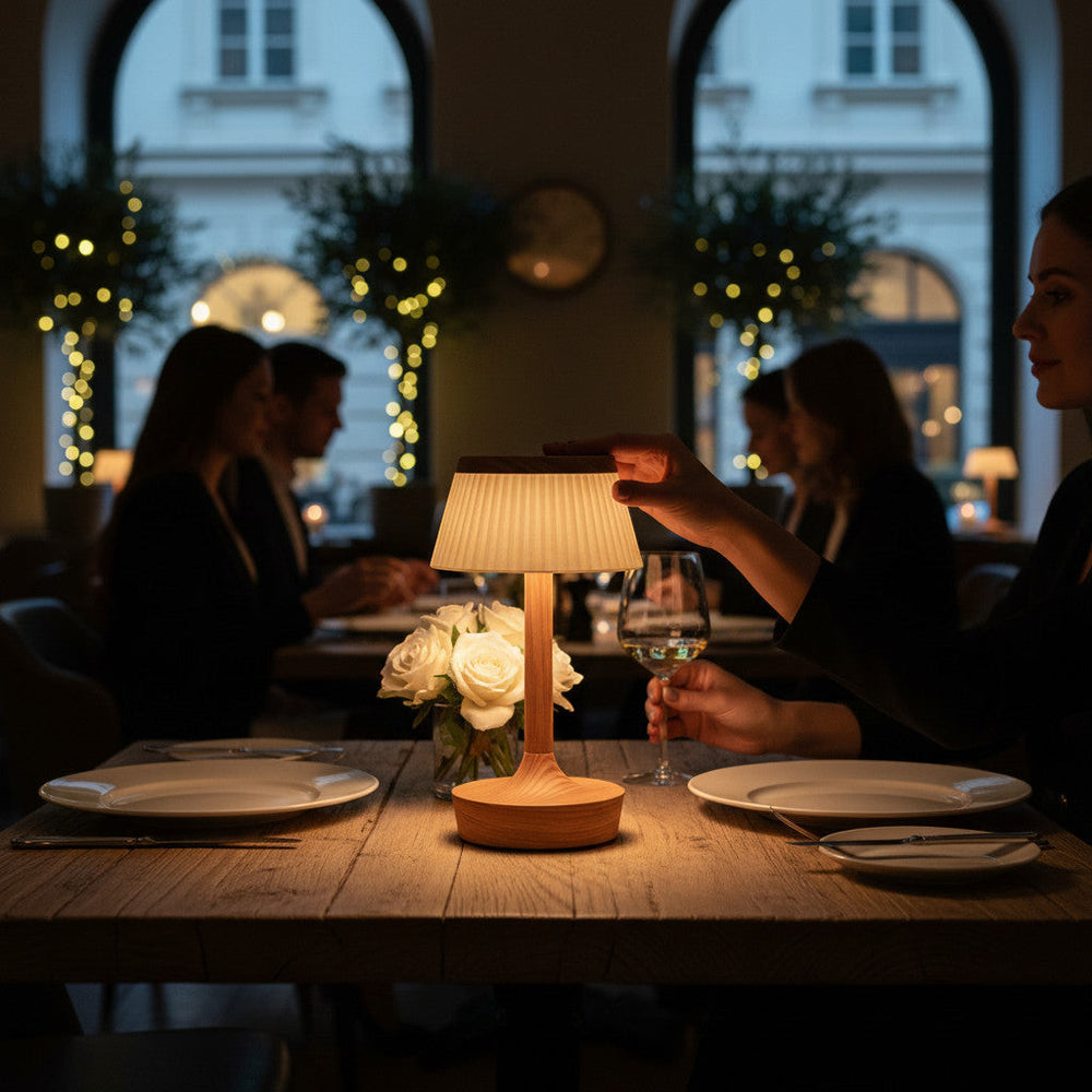 Lysverden classic table lamp with pleated cream shade and wood base. Touch-controlled, dimmable, 3 color temps, 2000 mAh battery.