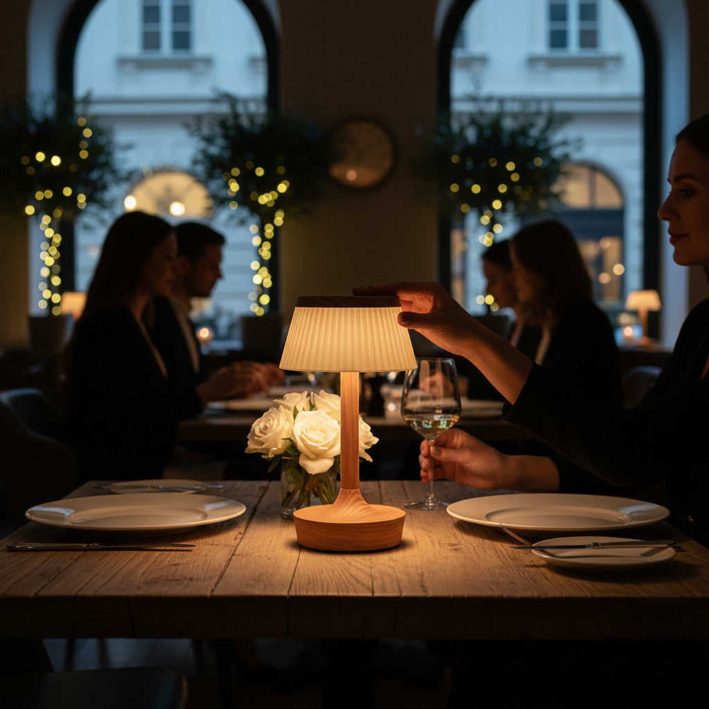 Lysverden classic table lamp with pleated cream shade and wood base. Touch-controlled, dimmable, 3 color temps, 2000 mAh battery.