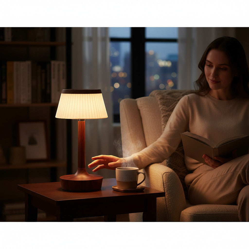 Lysverden classic table lamp with pleated shade and wood base, touch control, dimmable, 2000 mAh battery.