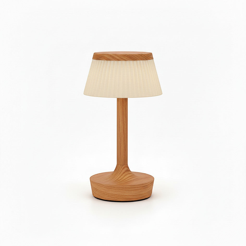 Lysverden classic table lamp with pleated cream shade and wood base. Touch control, dimmable.