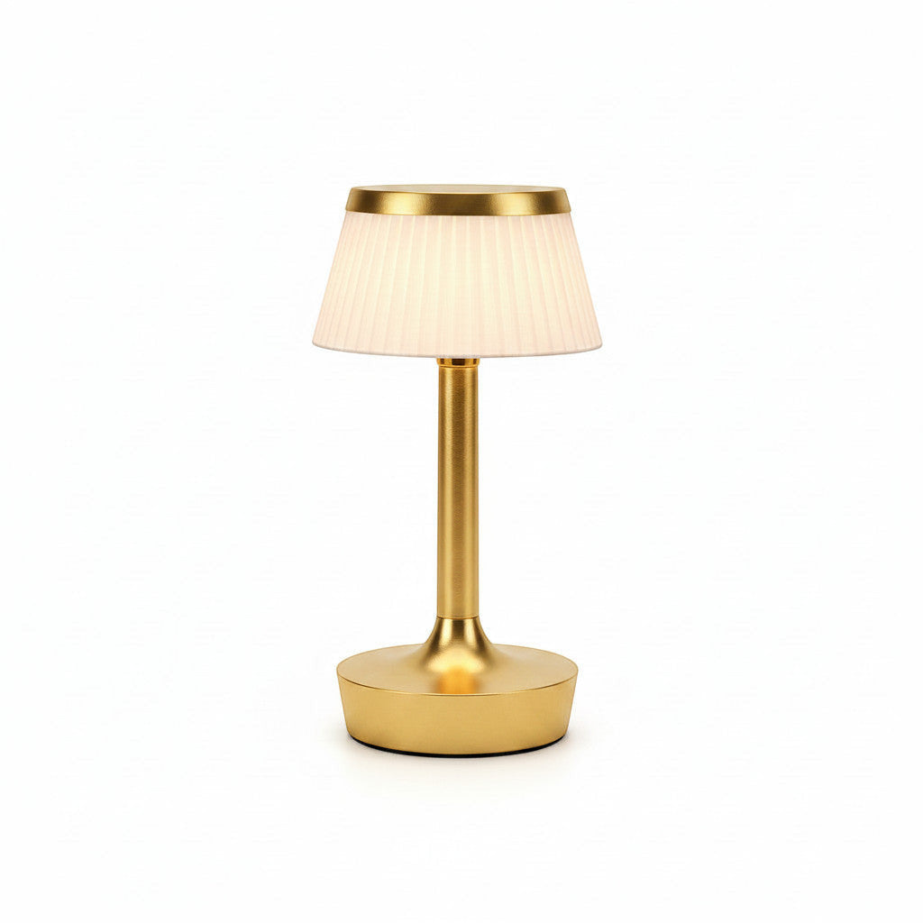 Lysverden classic table lamp with pleated cream shade and dark wood base and stem. Touch control, dimmable.