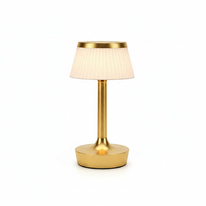 Lysverden classic table lamp with pleated cream shade and dark wood base and stem. Touch control, dimmable.
