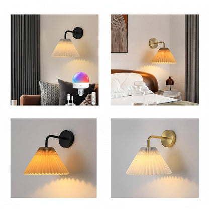 Lysverden black and gold pleated wall lamp with E27 socket, RGB, dimmable, and timer. 24cm diameter.