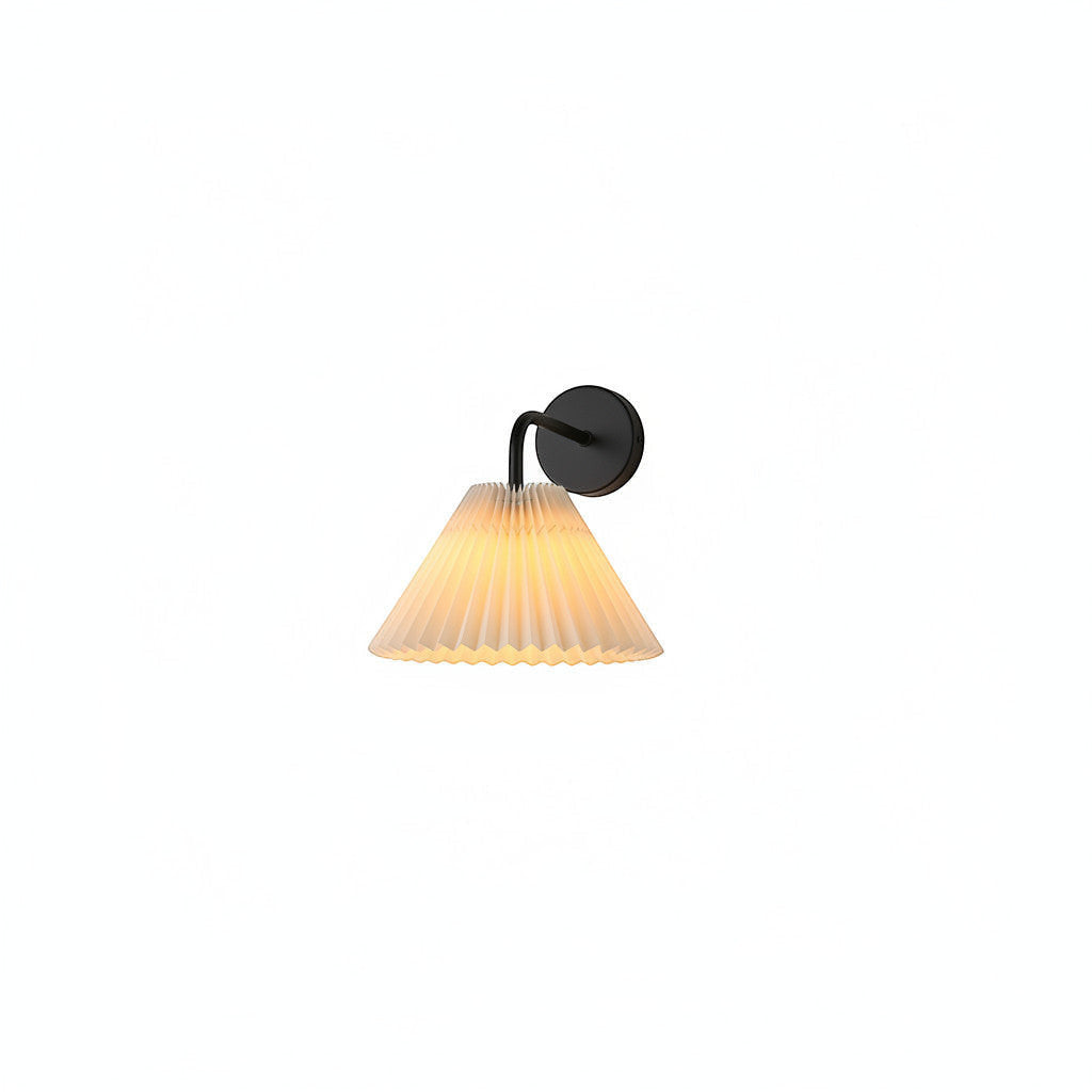 Lysverden pleated wall lamp with E27 socket, white fabric shade, and black arm. Features RGB and dimming.