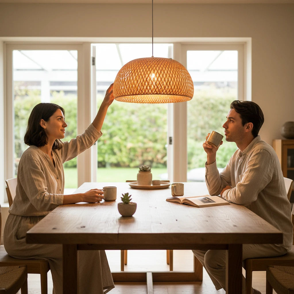 Lysverden handwoven rattan bowl pendant light hanging over a wooden dining table with a couple sitting in a Japandi room