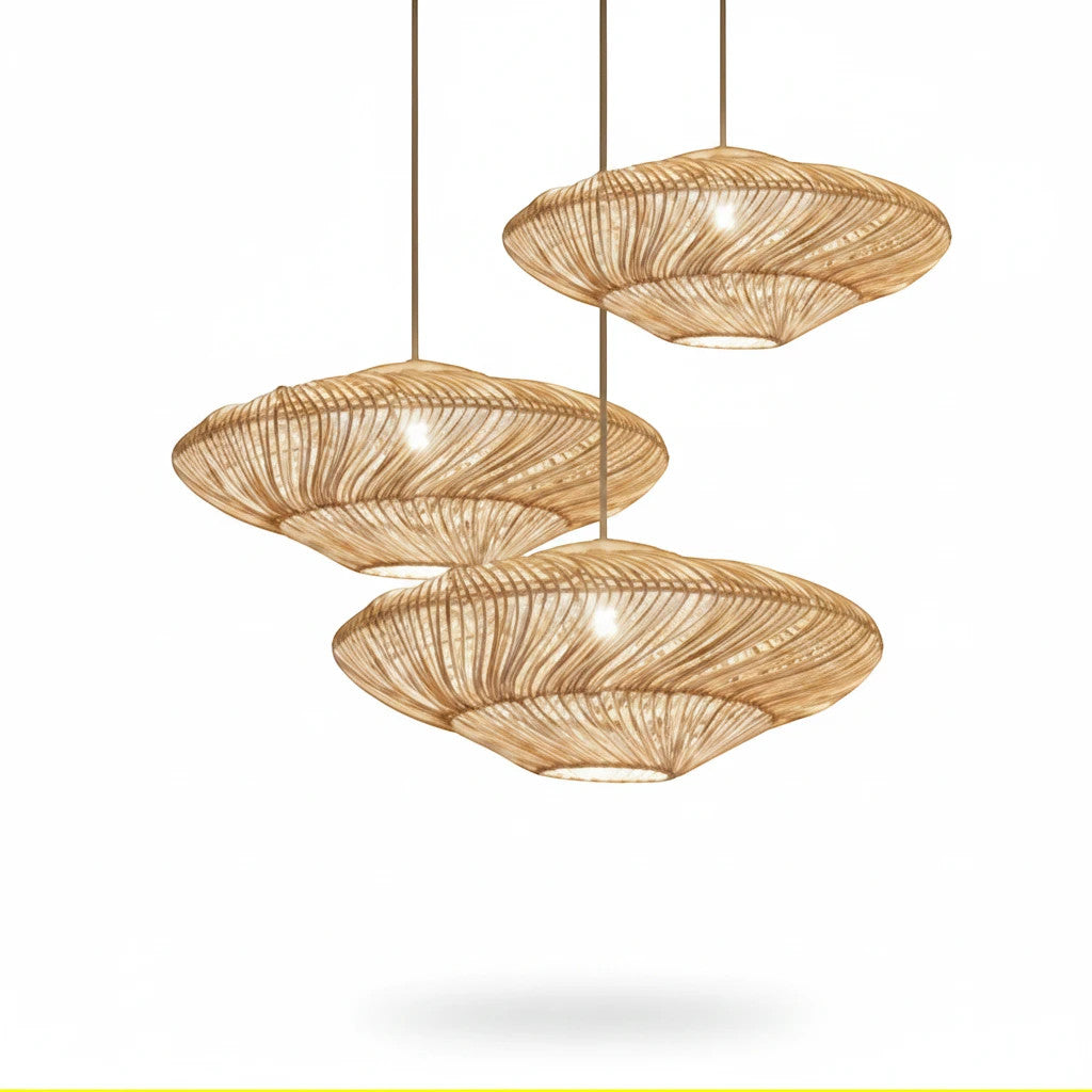 Lysverden trio av flate, skålformede rottingpendler med luftig fletting for mykt, naturlig boho-lys.
