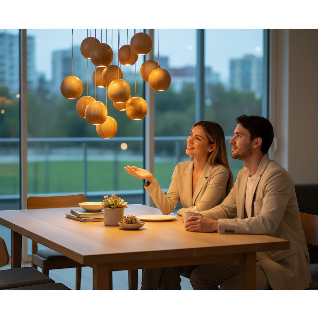 Lysverden rattan chandelier with oval wooden spheres hanging over a dining table with a couple in a modern room