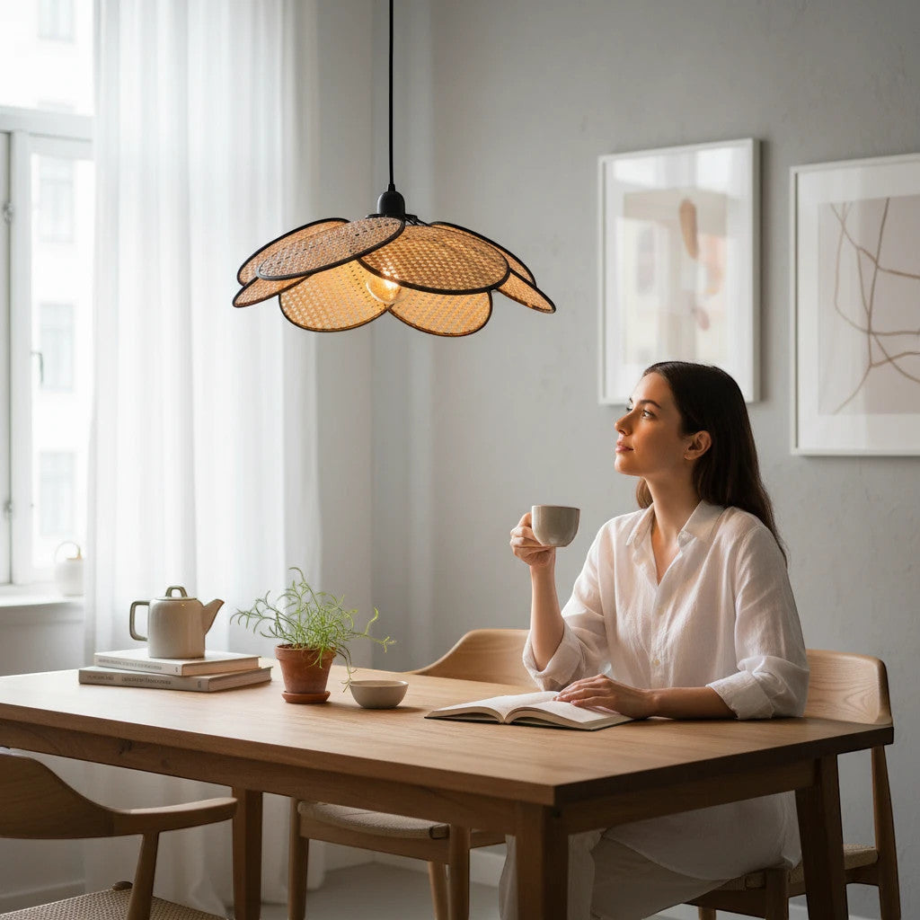 Lysverden flower-shaped rattan pendant lamp with black edges hanging over a wooden dining table in a bright room.