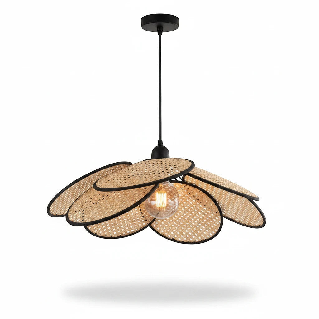 Lysverden rattan pendant lamp with a flower-shaped design, woven natural rattan petals, and black trim details.