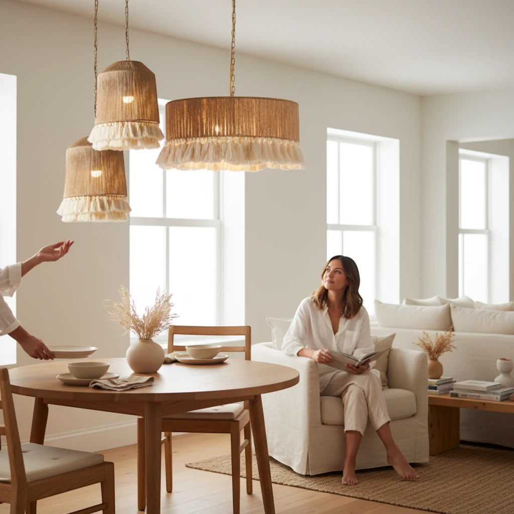 Lysverden boho rattan pendant lights with fringe details hanging over a dining table in a bright living room
