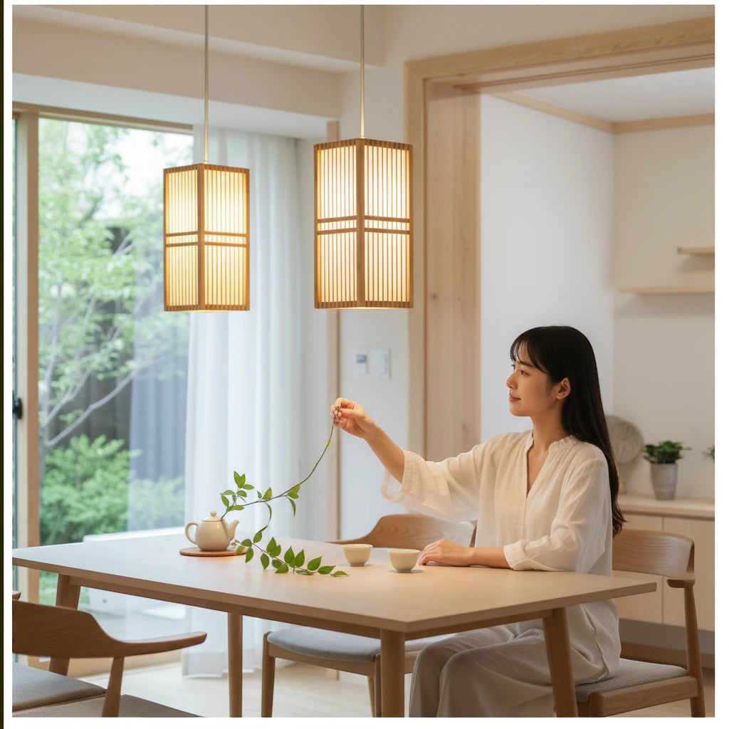 Lysverden Japanese-style rattan pendant lights hanging over a minimalist dining table with a woman in a bright room.
