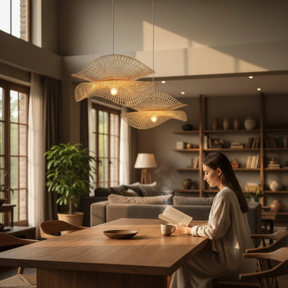 Lysverden lotus-shaped rattan pendant lamps hanging over a wooden dining table where a woman reads a book.