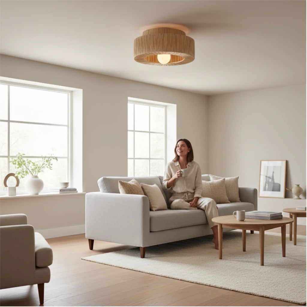 Lysverden rottingtaklampe med kule i opalglass i en lys, moderne stue med en kvinne i sofaen.