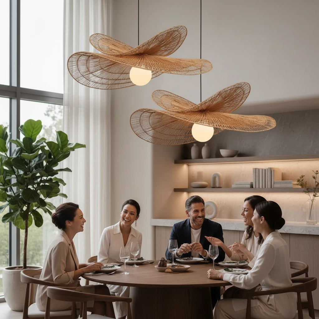 Lysverden handwoven rattan pendant lamps with palm leaf design hanging over a dining table in a modern Japandi interior