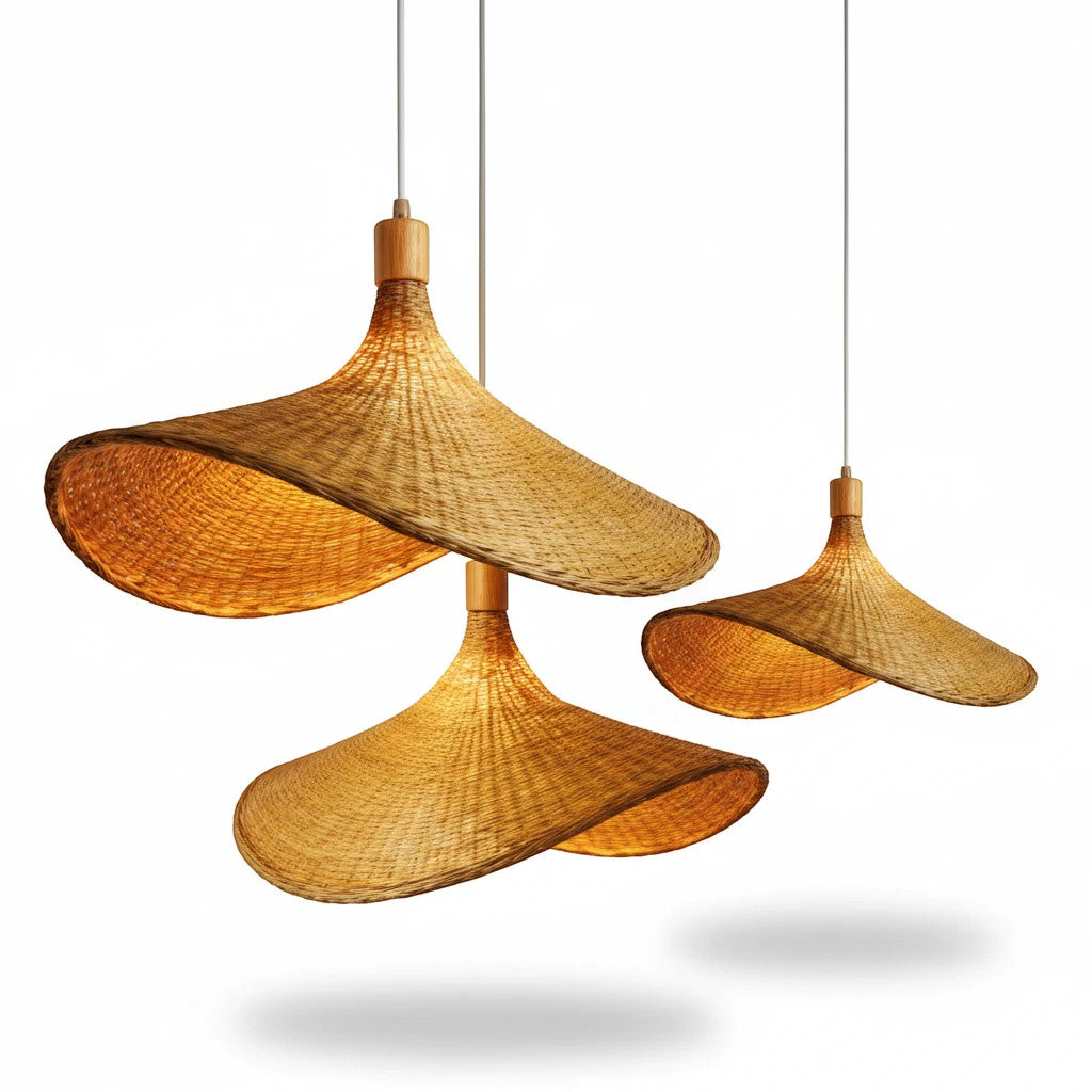 Lysverden hand-woven rattan pendant lamps in a flat, wide hat shape with a natural light brown finish.