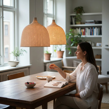 Lysverden handwoven rattan pendant lamps in a bell shape hanging over a wooden dining table in a Japandi interior.