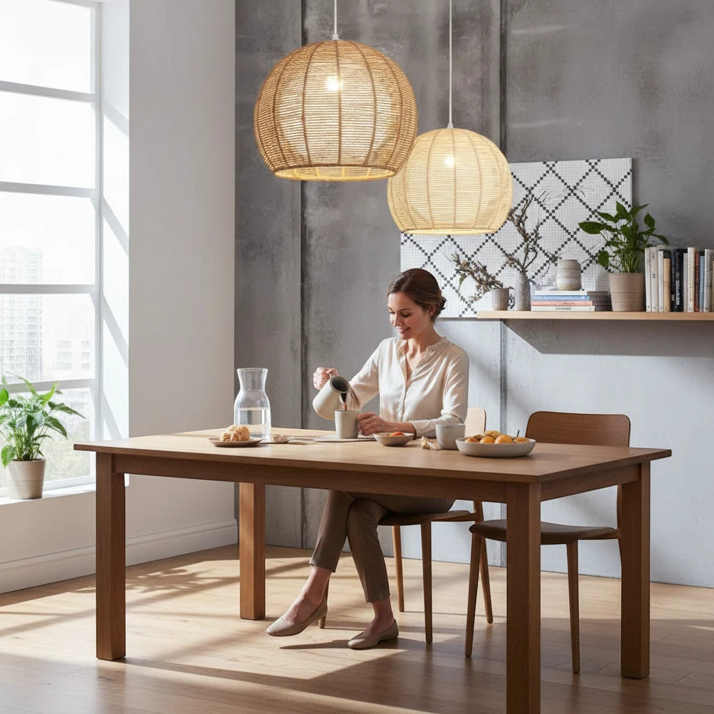 Lysverden rattan pendant lamps hanging over a wooden dining table with a woman pouring coffee in a bright room.